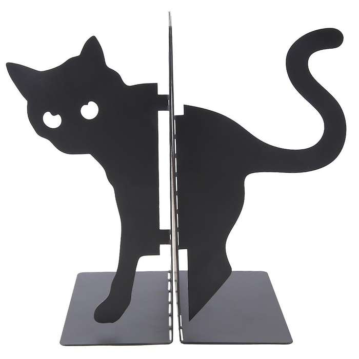 Design Cat Bookends - Metal Decorative Kitty Holders for Books, Magazines, Non-Slip Pads, Round Corn