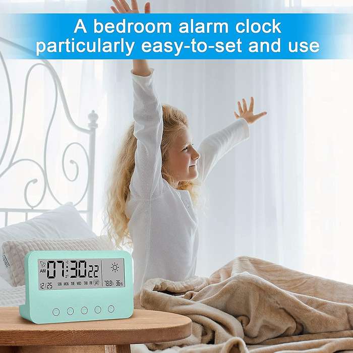 Digital Alarm Clock for Bedrooms,Battery Operated Desk Clock,with Countdown,Weather,Night Light,Date