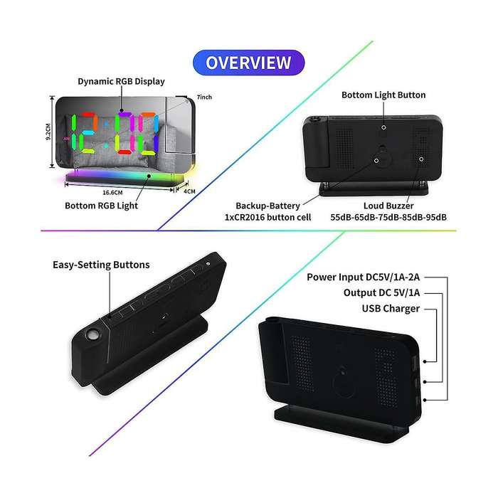 Digital Alarm Clock Desk Dimmable Electronic Clock Rgb Colorful Projection Alarm Clock Usb Electroni