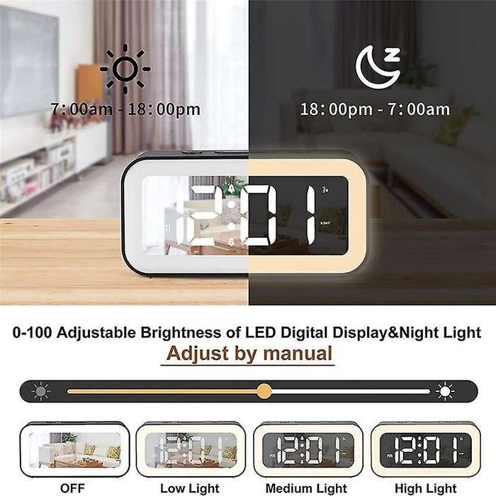 Digital Alarm Clock, Adjustable Brightness Mirror Electronic Led Clock,12/24hr Alarm Clocks for Bed