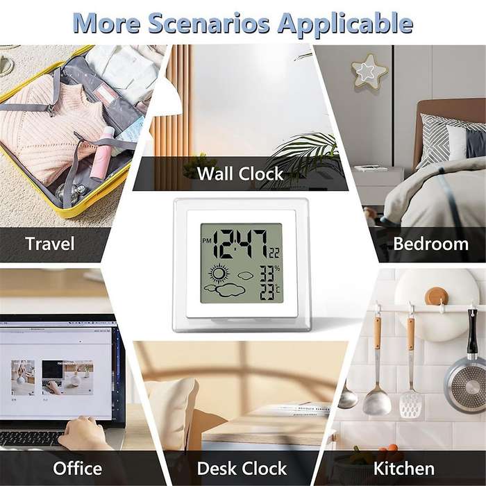 Digital Battery Operated Alarm Clock with Auto Backlight, Indoor Temperature Humidity, 12/24H, Date