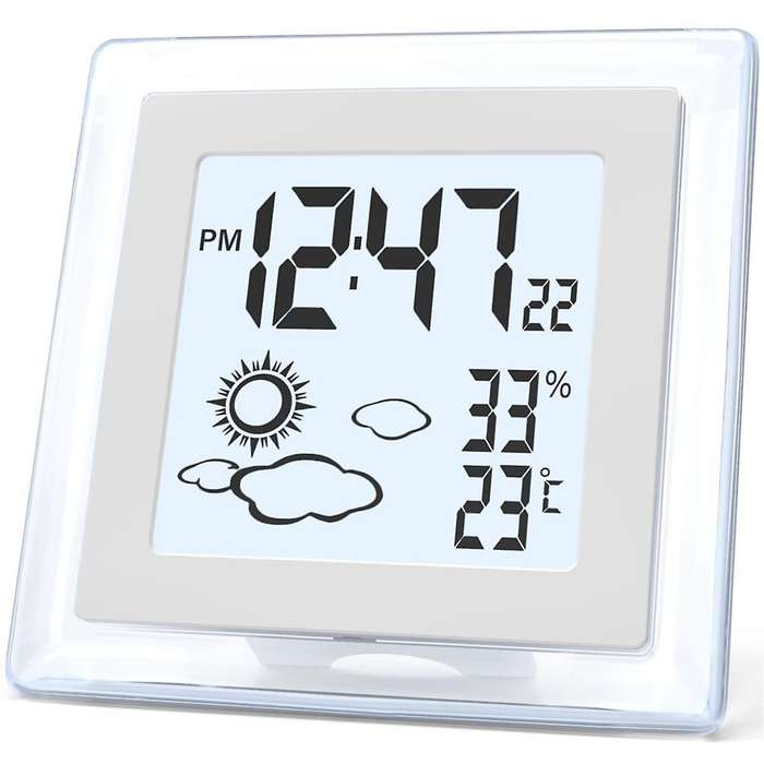 Digital Battery Operated Alarm Clock with Auto Backlight, Indoor Temperature Humidity, 12/24H, Date