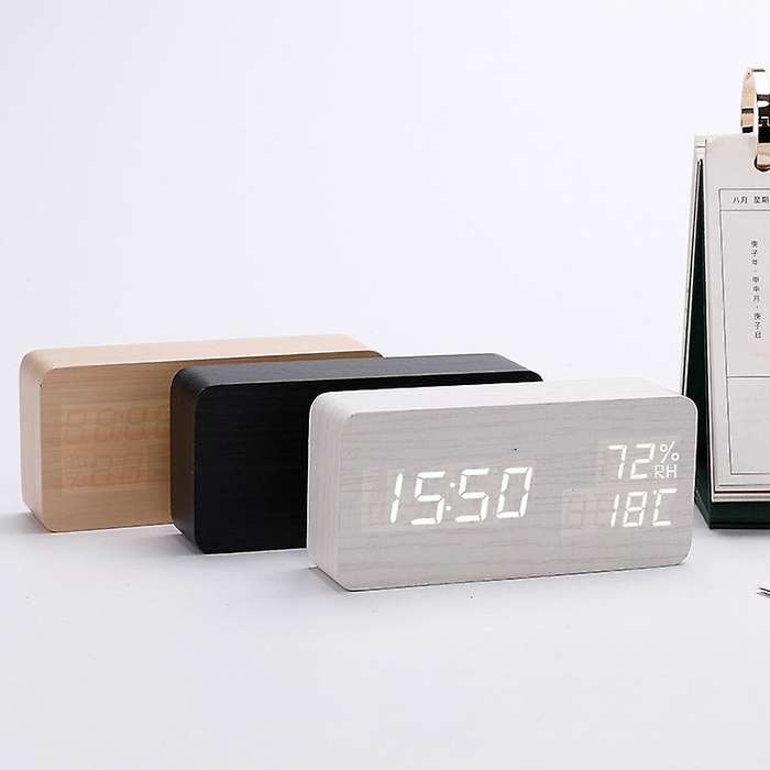 Digital LED Wooden Alarm Clock 3 Brightness Voice Control Temperature Humidity for Home Bedroom Offi