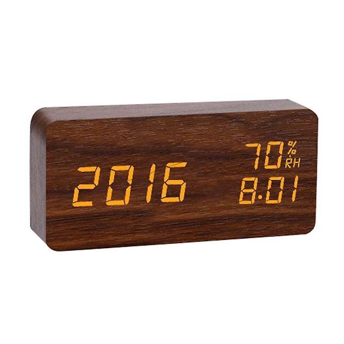 Digital LED Wooden Alarm Clock 3 Brightness Voice Control Temperature Humidity for Home Bedroom Offi