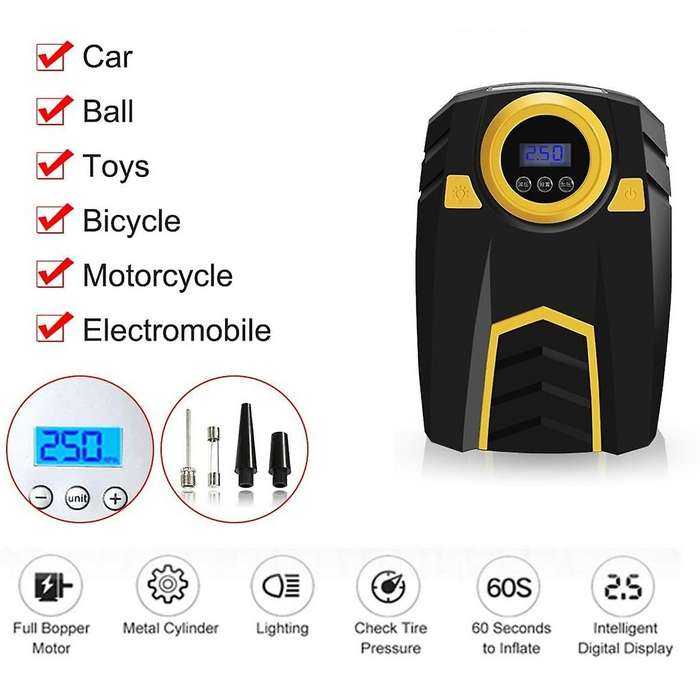 Digital Tyre Inflator, Portable Air Compressor Tyre Pump DC12V 150PSI with LED Light for Car Bicycle
