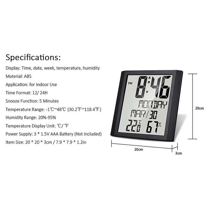 Digital Wall Clock with Temperature & Humidity 8.6 inch Display Time/Date/Week Alarm Clock for Home