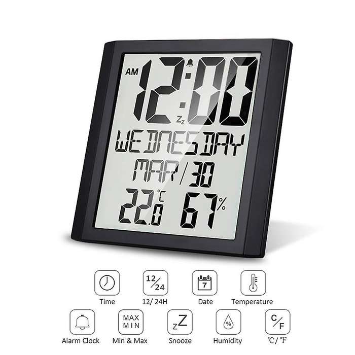 Digital Wall Clock with Temperature & Humidity 8.6 inch Display Time/Date/Week Alarm Clock for Home