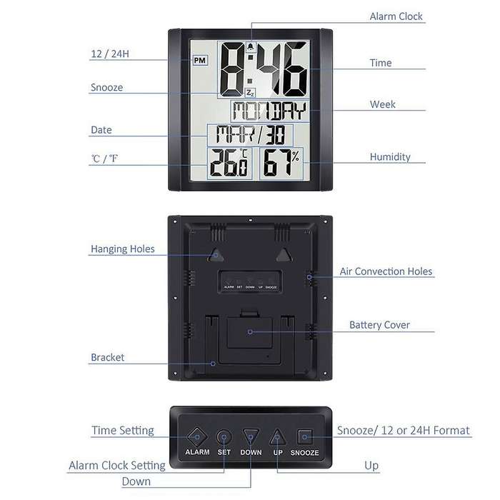 Digital Wall Clock with Temperature & Humidity 8.6 inch Display Time/Date/Week Alarm Clock for Home