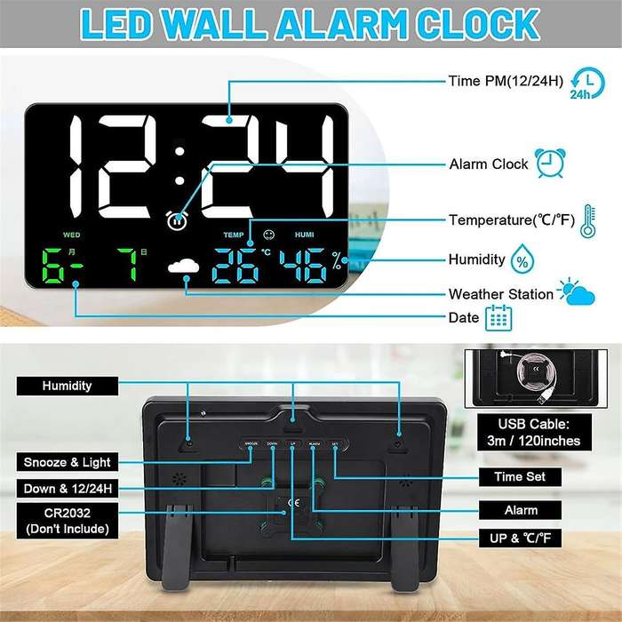 Digital Wall Clock Display, 11.5inch Usb Led Digital Wall Clocks Alarm Clock for Bedrooms with Weath