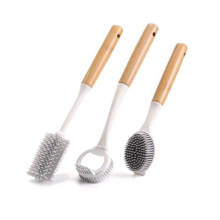 Dish Brush with Bamboo Handle Dish Scrubber Pan Brush, Dishwashing and Cleaning Double Head Pan Brus