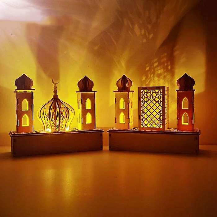 DIY Wooden Muslim Palaces Lamp LED Wooden Night Light Eid Ramadan Home Party Desktop Decoration-B