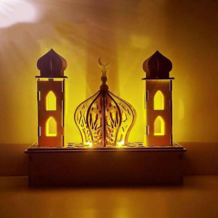 DIY Wooden Muslim Palaces Lamp LED Wooden Night Light Eid Ramadan Home Party Desktop Decoration-B