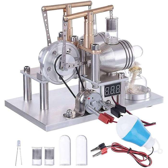 Double Cylinder Stirling Engine Motor Model with Voltage Display Meter Science Experiment Engine Tea