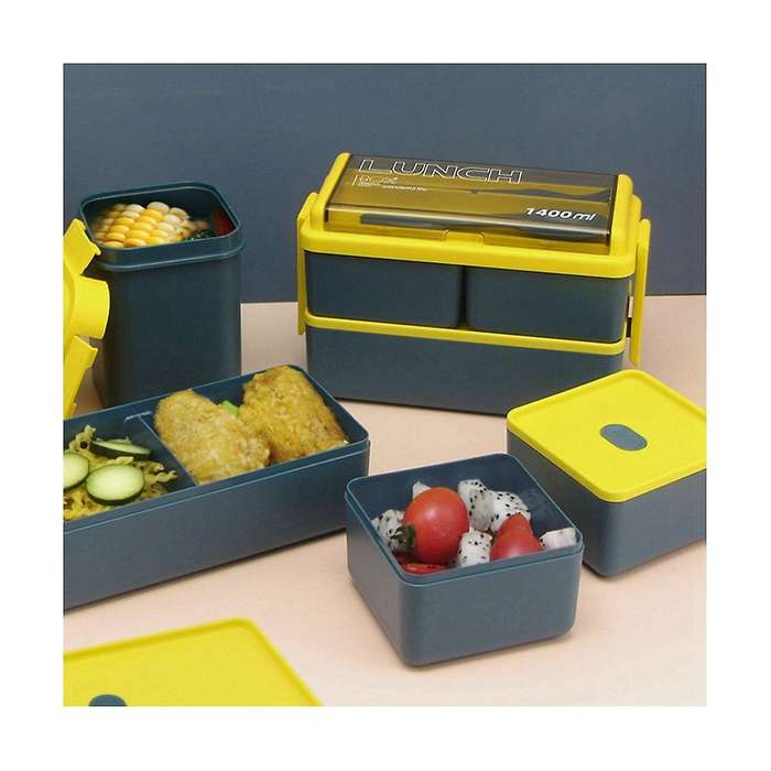 Double Layer Portable Lunch Box with Fork and Spoon Microwave Bento Boxes Dinnerware Set Food Stora