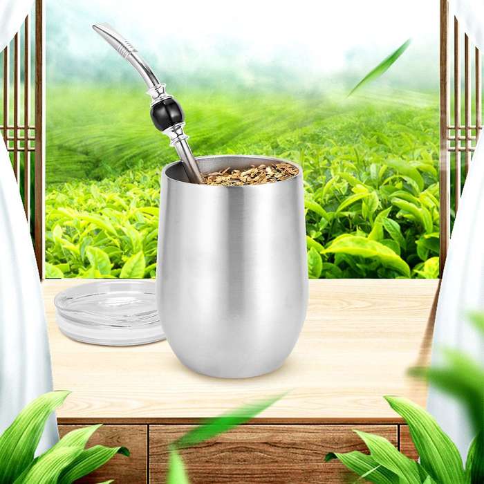 Double-wall Stainless Yerba Gourd Mate Tea Set Water Mate Tea Cup with Lid Head Filter Spoon Straw