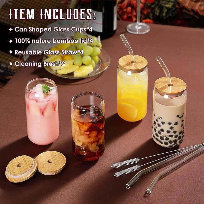 Drinking Glasses with Bamboo Lids and 4pcs Set - 16oz Can Shaped Glass Cups,beer Glasses,iced Coffe