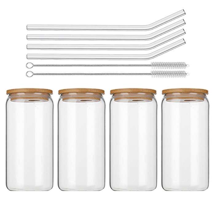 Drinking Glasses with Bamboo Lids and 4pcs Set - 16oz Can Shaped Glass Cups,beer Glasses,iced Coffe