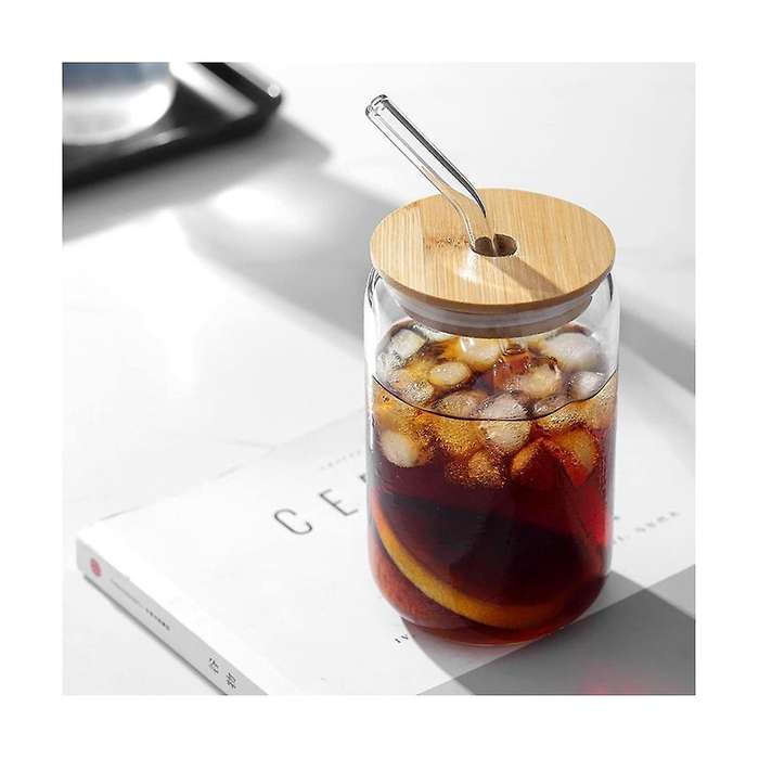 Drinking Glasses with Bamboo Lids and 2pcs Set, 16oz Can Shaped Glass Cups with Lids and Straws,beer
