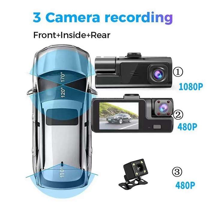 Driving Recorder HD 1080P 2 Inches Screen 3 Way with Wifi 3 Lens Parking Monitoring with Night Visio