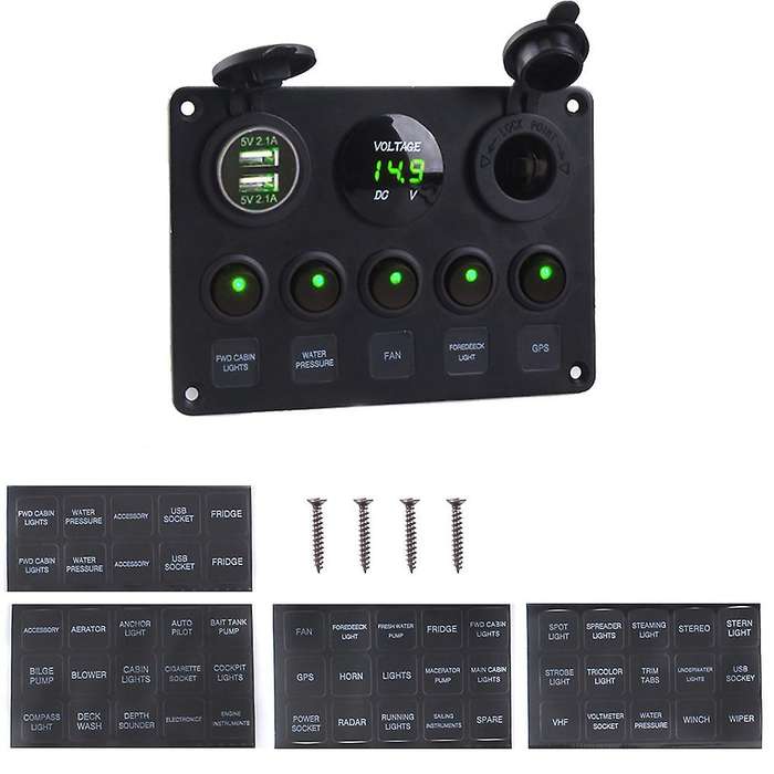 Dual USB Socket Charger LED Voltmeter 12V Power Outlet 5 Gang ON-OFF Toggle Switch Panel for Car Boa