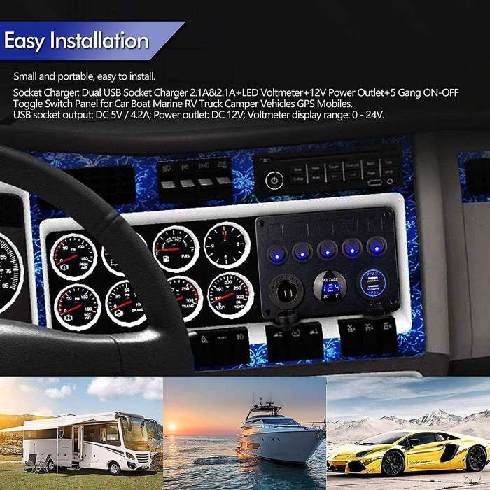 Dual USB Socket Charger LED Voltmeter 12V Power Outlet 5 Gang ON-OFF Toggle Switch Panel for Car Boa