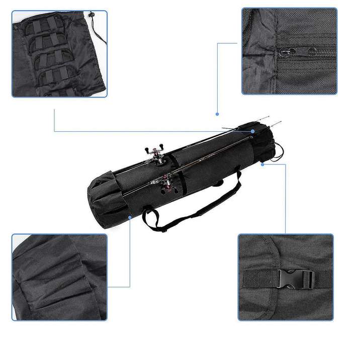 Durable Canvas Fishing Rod & Reel Organizer Bag Travel Carry Case Bag- Holds 5 Poles & Tackle