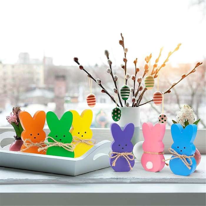 Easter Decorations Indoor, 6PCS Wooden Easter Bunny Decor for Table
