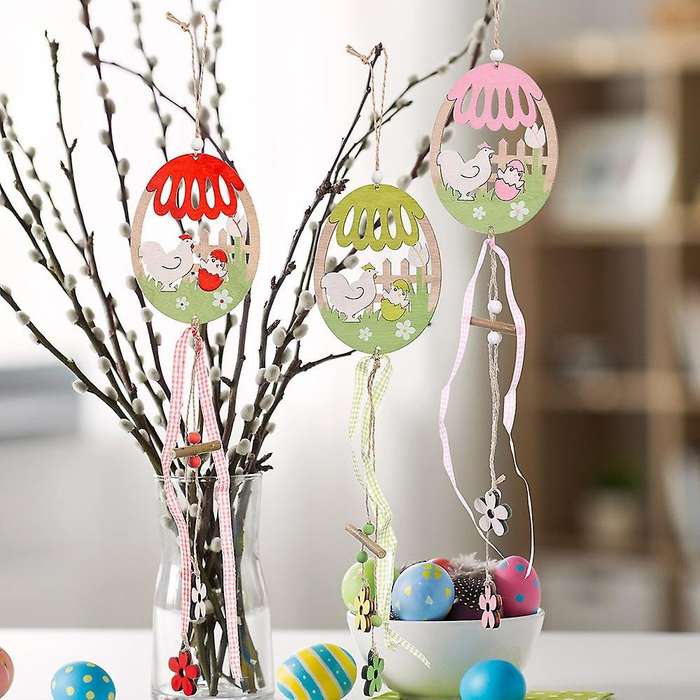 Easter Egg Shaped Pendant Wood Crafts Tags Chicken Hanging Ornament Cutouts Party Wall Door Tree De