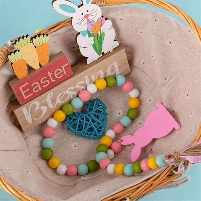 Easter Wood Bead Garland, Pink Bunny Spring Wood Beads Garland with , Wooden Beaded Easter Boho Deco