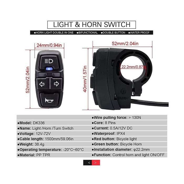 E-bike Switch Dk336 with Front Light Taillight S M Plug Warning Light Turn Signal and Horn Ebike Ac