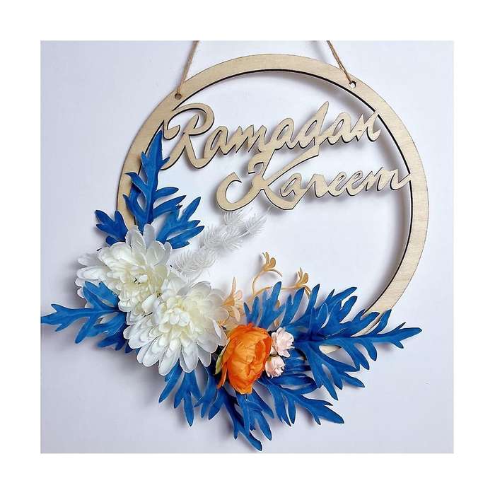 Eid Ramadan Kareem Wreaths for Front Door, 10 Inches Artificial Small White Flowers Spring Hanging