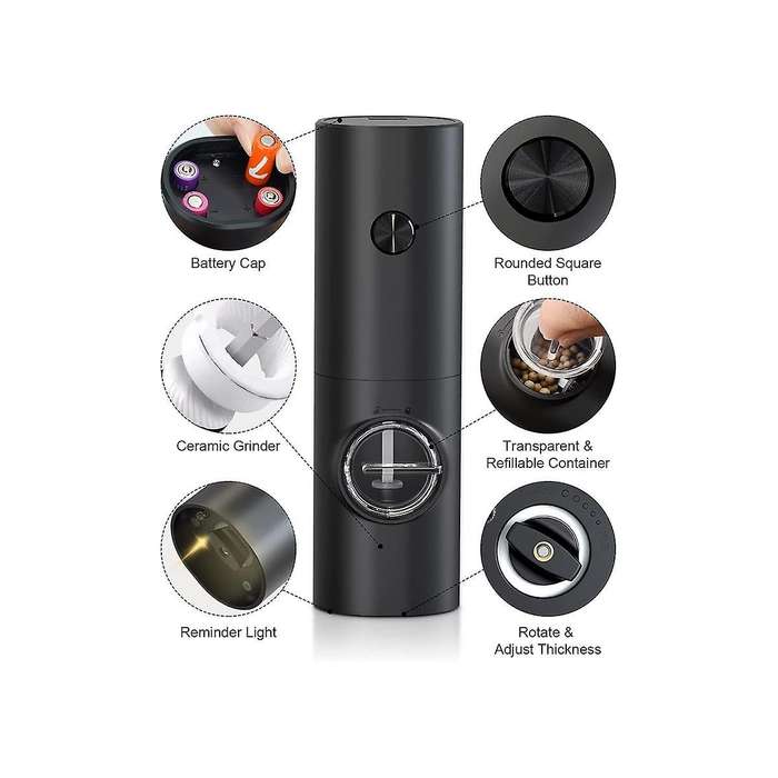 Electric Salt and Pepper Mill Set, Battery Operated Black Pepper Mill with Base, 5 Coarse Levels, A