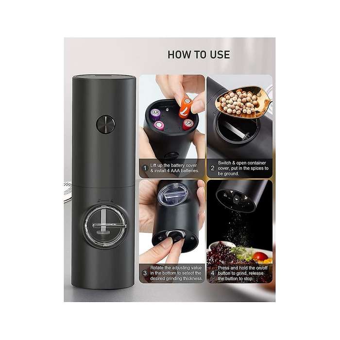 Electric Salt and Pepper Mill Set, Battery Operated Black Pepper Mill with Base, 5 Coarse Levels, A