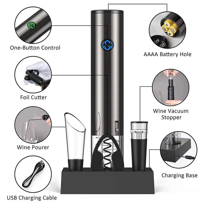 Electric Wine Opener 6 in 1 Set, Automatic Electronic Wine Bottle Rechargeable Opener,Wine Opener wi