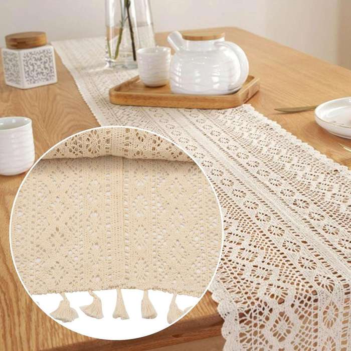 Elegant Cream Crochet Lace Macrame Table Runner with Tassels for Rustic Chic Wedding Reception Tabl