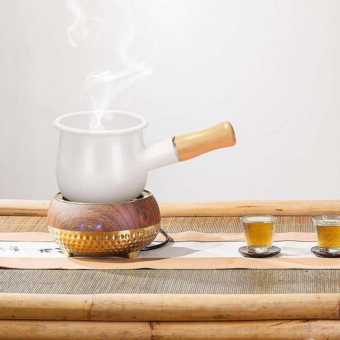Enamel Milk , Mini Butter 10cm Enamelware Saucepan Cookware with Wooden Handle, Perfect Size for He