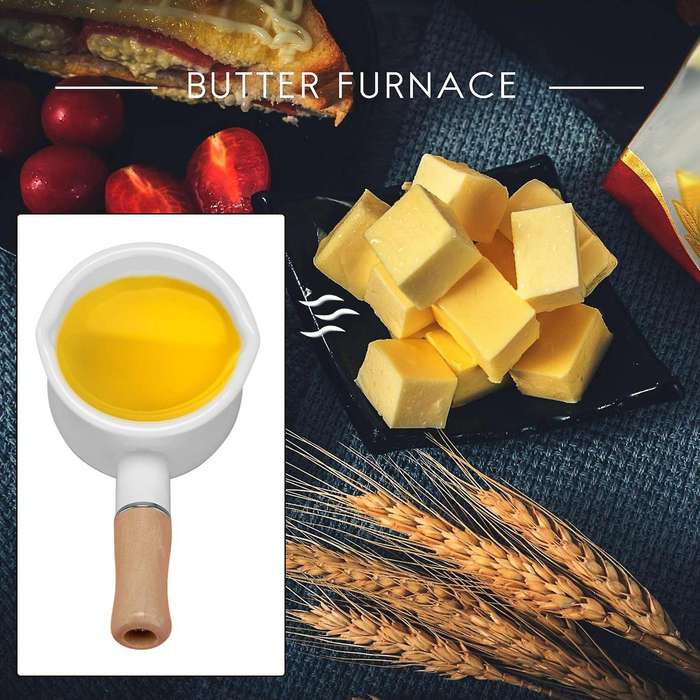 Enamel Milk , Mini Butter 10cm Enamelware Saucepan Cookware with Wooden Handle, Perfect Size for He