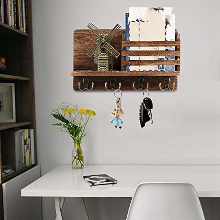 Entryway Mail Envelope Organizer with 4 Key Hooks , Rustic Wood Mail Holder Shelf with Key Hooks Fo