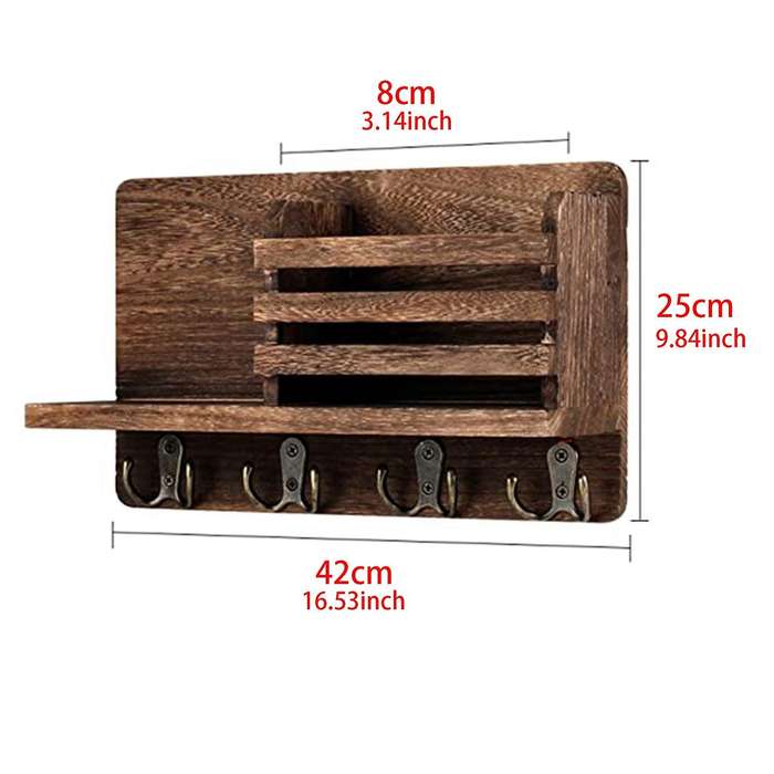 Entryway Mail Envelope Organizer with 4 Key Hooks , Rustic Wood Mail Holder Shelf with Key Hooks Fo