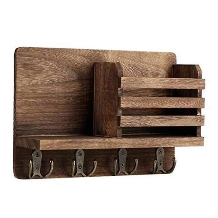 Entryway Mail Envelope Organizer with 4 Key Hooks , Rustic Wood Mail Holder Shelf with Key Hooks Fo