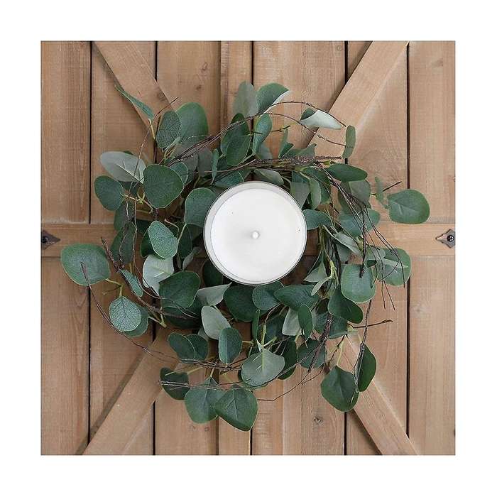 Eucalyptus Leaves Wreath Metal Polyester Fabric Paper Round Green Wreath 14 Inches for The Front D