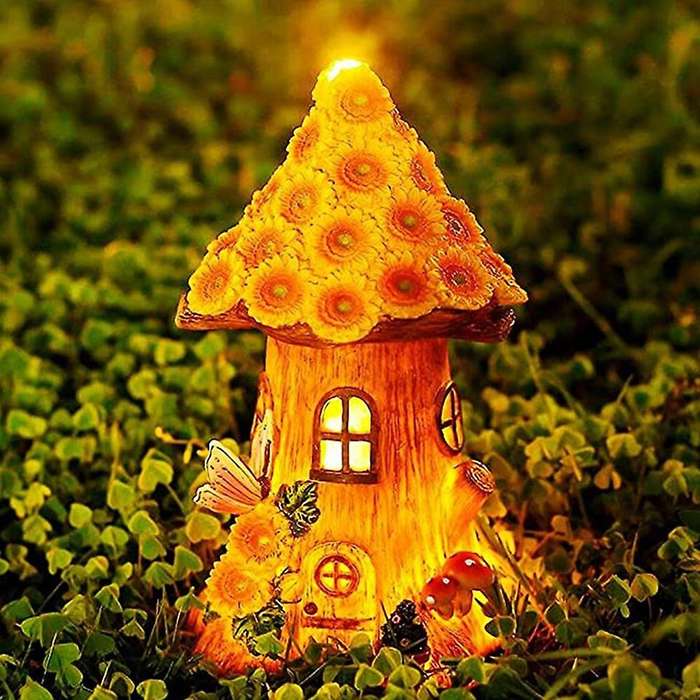 Fairy Garden House Solar Garden Statue Sculpture Outdoor Miniature Statue Decoration Lawn Decoration