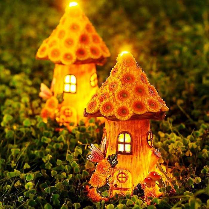 Fairy Garden House Solar Garden Statue Sculpture Outdoor Miniature Statue Decoration Lawn Decoration