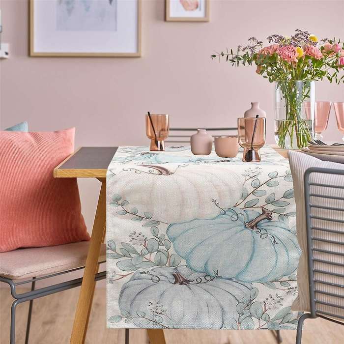 Fall Eucalyptus Leaves Pumpkins Table Runner, Autumn Thanksgiving Kitchen Dining Table Decoration F
