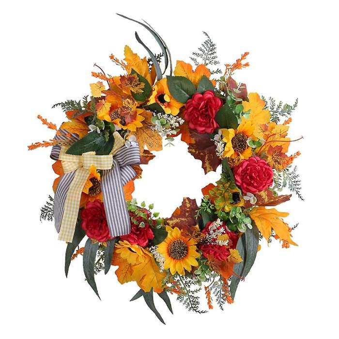 Fall Wreaths for Front Door, Sunflower Autumn Wreath, Pumpkins and Burlap Bows, for Farmhouse Indoor