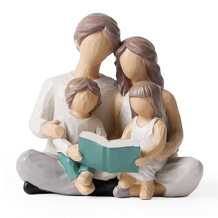 Family Of 4 Reading Book Figurines, Hand-painted Figures Gifts for Parents Or Daughter and Son, Home