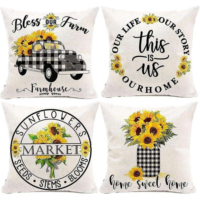 Farmhouse Summer Pillow Covers 18X18Inch Set of 4,Decorative Summer Pillow Covers Outdoor Sunflower