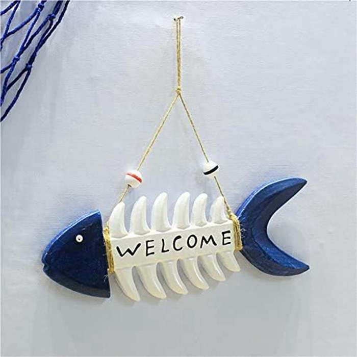 Fish Bone Welcome Sign Fish Wall Decor Mediterranean Beach- Welcome Sign Wooden Fish Skeleton Nautic