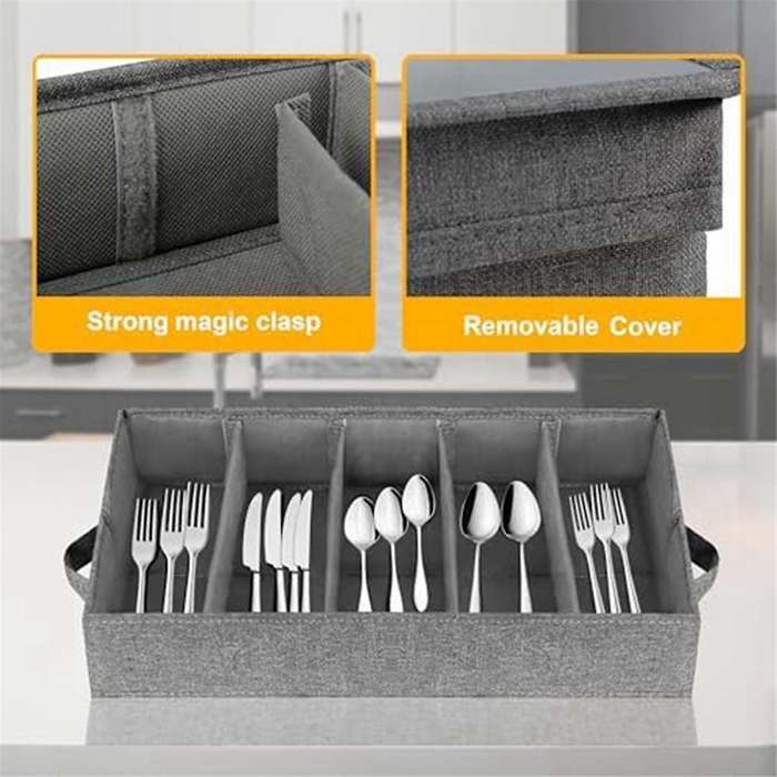 Flatware & Utensil Storage - Durable Silverware Storage Box with Adjustable Divider, 5 Compartment