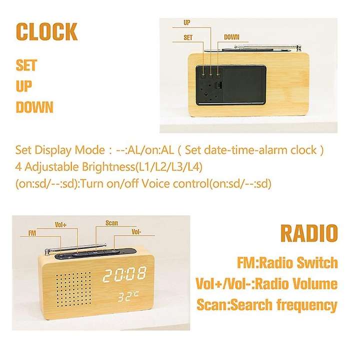 FM Radio Bamboo LED Electronic Display with LED Clock Desktop Mini Portable Radio Home Radio Mini Te